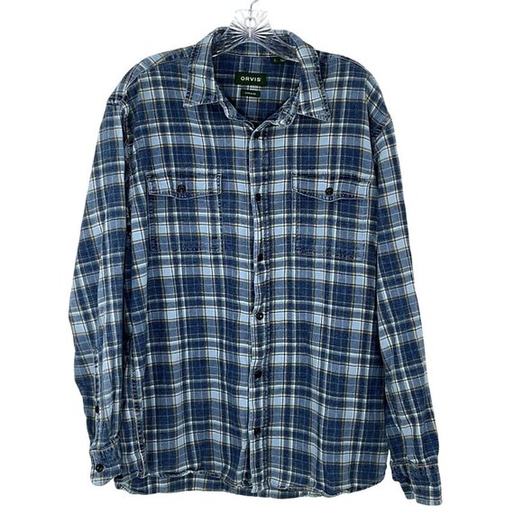 Orvis Shirt Men Large Blue Plaid Button Up 100% Cotton Long Sleeve Active Fit - Picture 1 of 15
